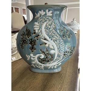 Vintage Vase Asian Blue Glazed Ceramic Dragon Floral Traditional Home Decor 12”H